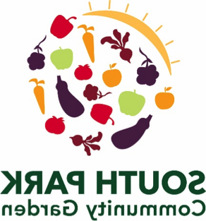 South Park Community Garden - logo with green text and various icons of vegetables in an orb